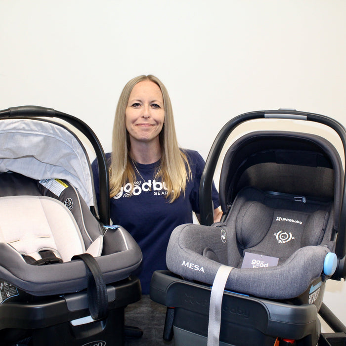 Amanda, Goodbuygears's In-House CPST holding two car seats