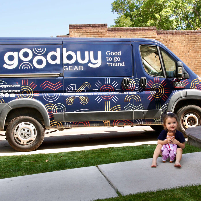 Goodbuygears Van outside of a house picking up gently used baby gear