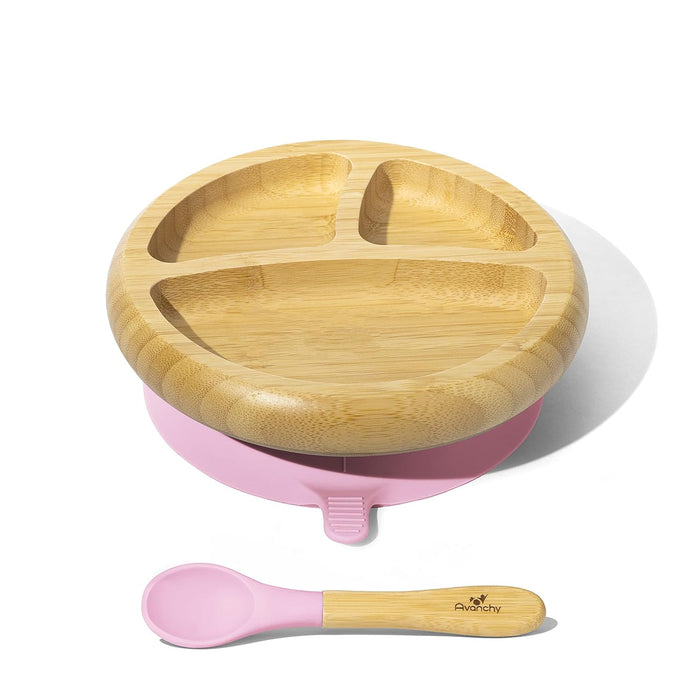 Avanchy Bamboo Suction Baby Plate and Spoon, Pink