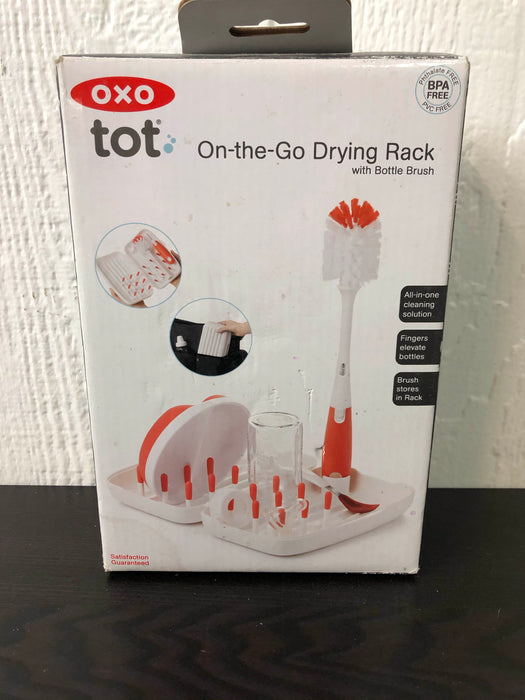 secondhand OXO Tot On The Go Drying Rack With Bottle Brush, Orange