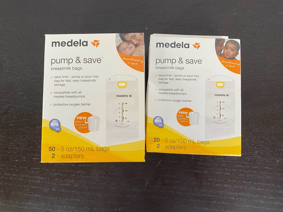 secondhand Medela Pump And Save Breastmilk Bags, Bundle of 70 bags & 4 adapters.