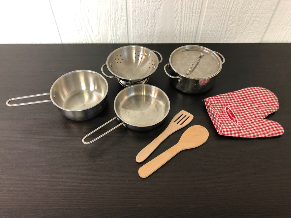used Melissa & Doug Stainless Steel Pots And Pans Pretend Play Kitchen Set