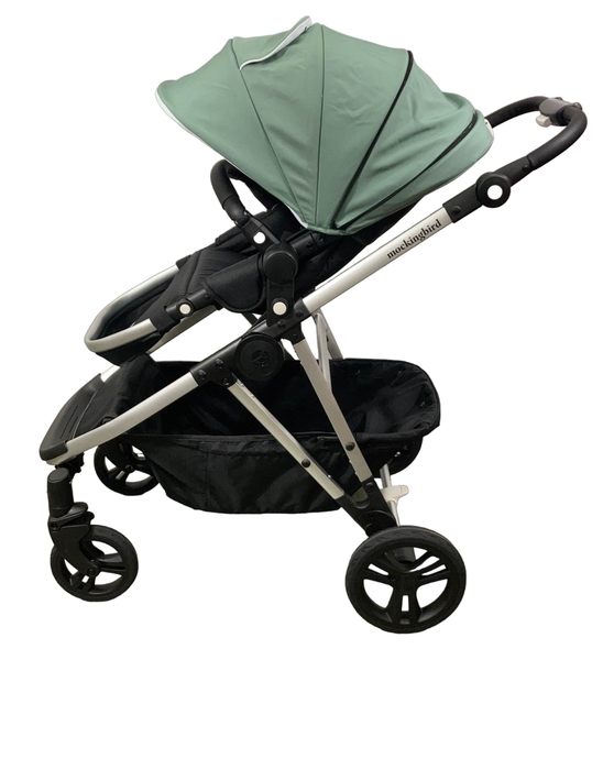 secondhand Mockingbird Single to Double Stroller, 2023, Silver with Black Leather, Watercolor Drops, Sage