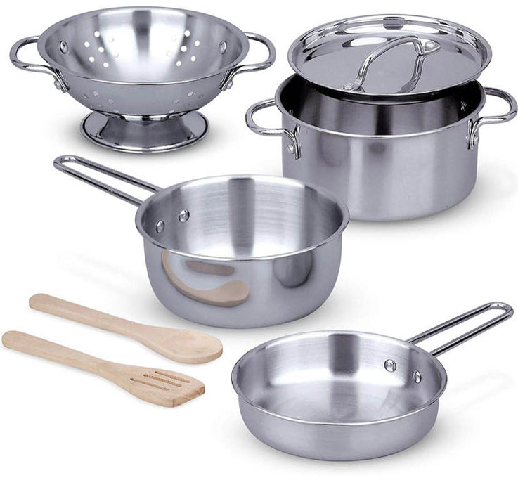 used Melissa & Doug Stainless Steel Pots And Pans Pretend Play Kitchen Set